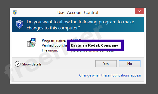 Screenshot where Eastman Kodak Company appears as the verified publisher in the UAC dialog